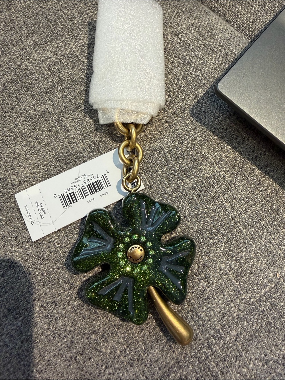 Coach Bag Charm - Rare Green Glitter Clover Key Charm with Gold Hardware
